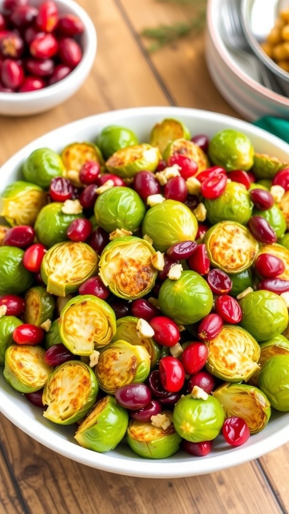 Crispy air fryer Brussels sprouts with cranberries and nuts in a white bowl on a wooden table.